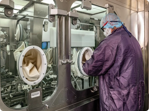 Technician operating sterile pharmaceutical manufacturing equipment in a GMP-compliant cleanroom for aseptic drug production