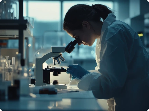 Female scientist analyzing samples under a microscope in a clinical laboratory environment