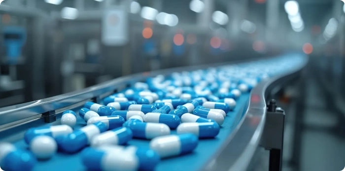Blue and white capsules moving along automated conveyor belt in pharmaceutical factory production line