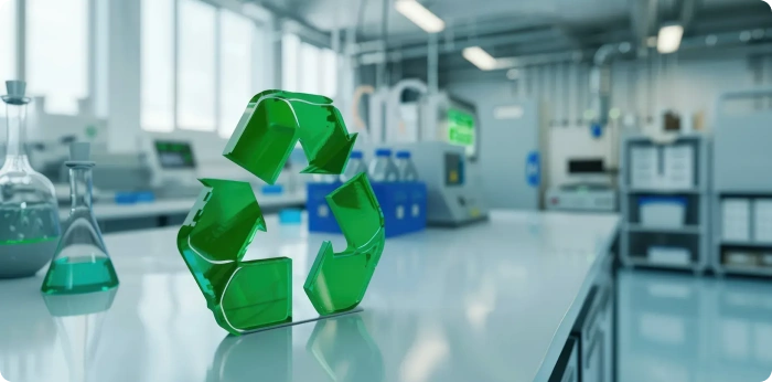 Recycling symbol in a modern chemistry laboratory representing green chemistry and sustainable pharmaceutical synthesis
