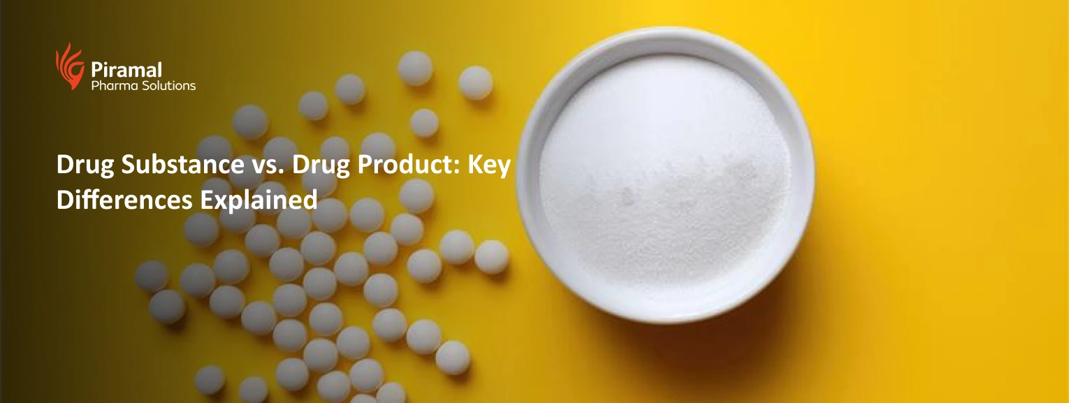 Comparison of raw drug substance powder and finished drug product tablets on yellow background