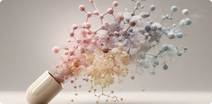 medicinal capsule releasing a colorful cloud of complex molecular structures
