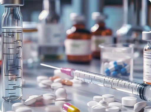 various medications and medical supllies on a laboratory table in a clinical environment