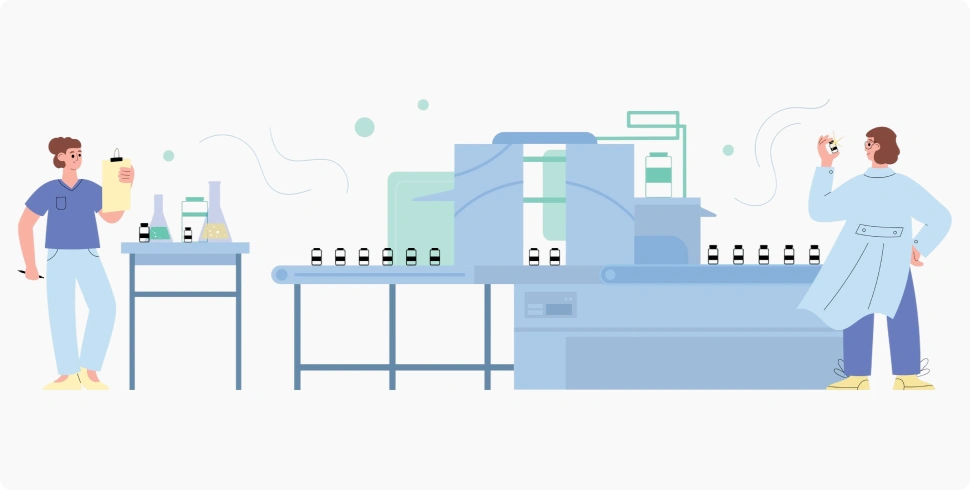 Flat vector illustration of scientists monitoring a medicine bottle packaging conveyor belt line during pharmaceutical manufacturing and quality control