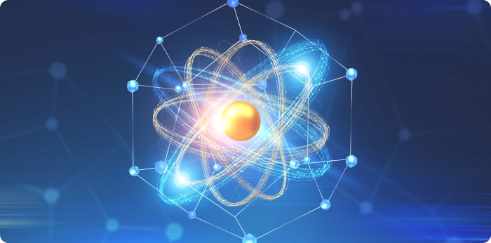 Abstract blue molecular structure model with glowing atomic rings representing innovative chemical compound development