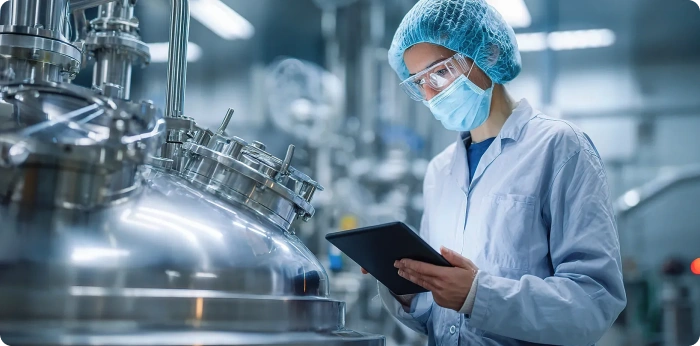 Female Engineer Monitoring Bioreactor Process in Pharmaceutical Facility