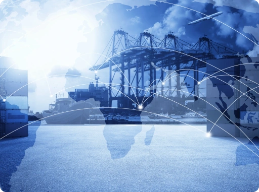 Global supply chain network showing cargo ships and port logistics connected across continents