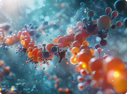 Close-up of peptide molecular chain structure used in biologics and pharmaceutical drug development research