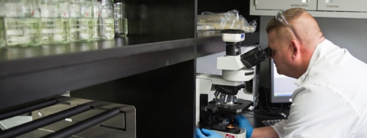 Scientist using a microscope in a pharmaceutical lab for research.