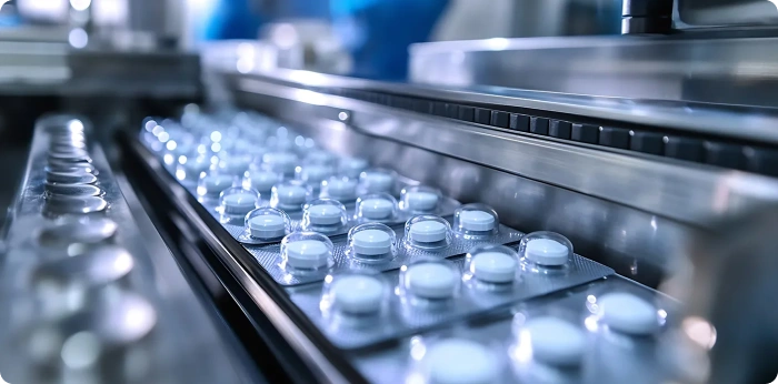 Blister-packed tablets moving on automated pharmaceutical production line in GMP-compliant facility