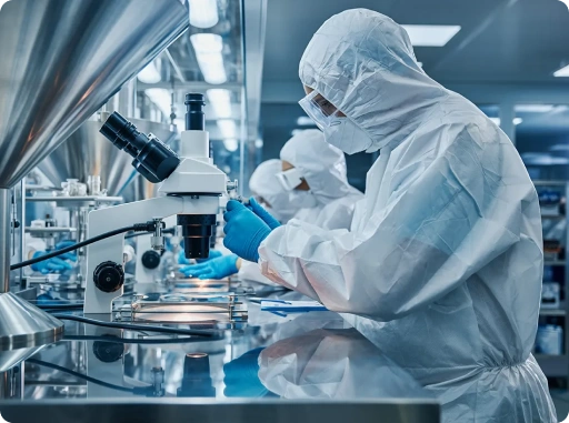 Scientist in cleanroom suit analyzing high potency API samples under microscope in a pharmaceutical laboratory for safe drug development and research