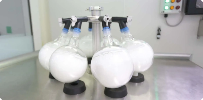 Lab rotary evaporator with six flasks of white solvent on steel table