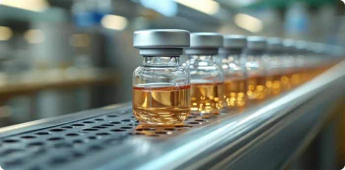 medication vials with amber liquid on a sterile automated conveyor belt in a pharma factory.