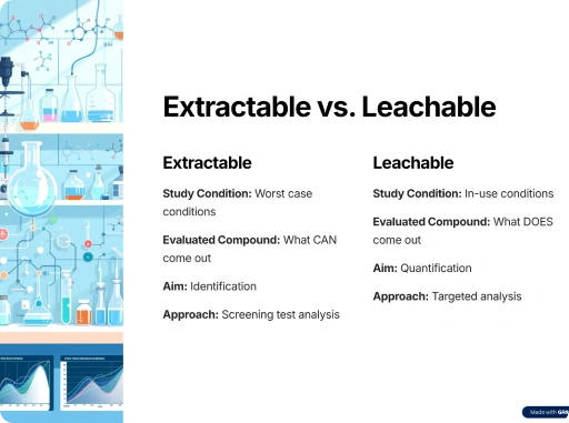 Illustration comparing extractable and leachable studies in pharmaceuticals, including study conditions, analysis approach, and evaluation methods