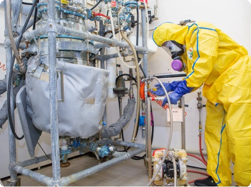 Pharmaceutical technician in protective equipment performing high potency API manufacturing operations