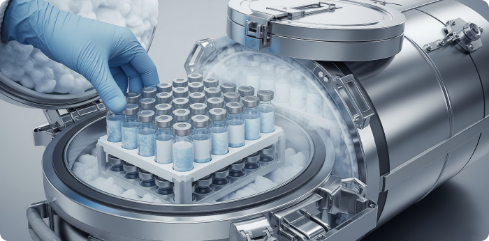 Pharmaceutical vials being filled in a sterile manufacturing facility
