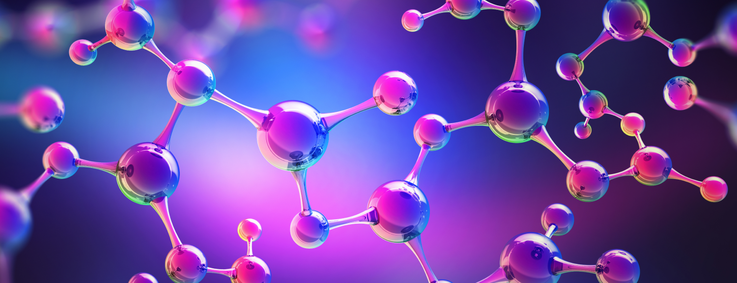 Colorful 3D computer graphic rendering of chemical molecular structures connected by bonds against a vibrant blue and pink background